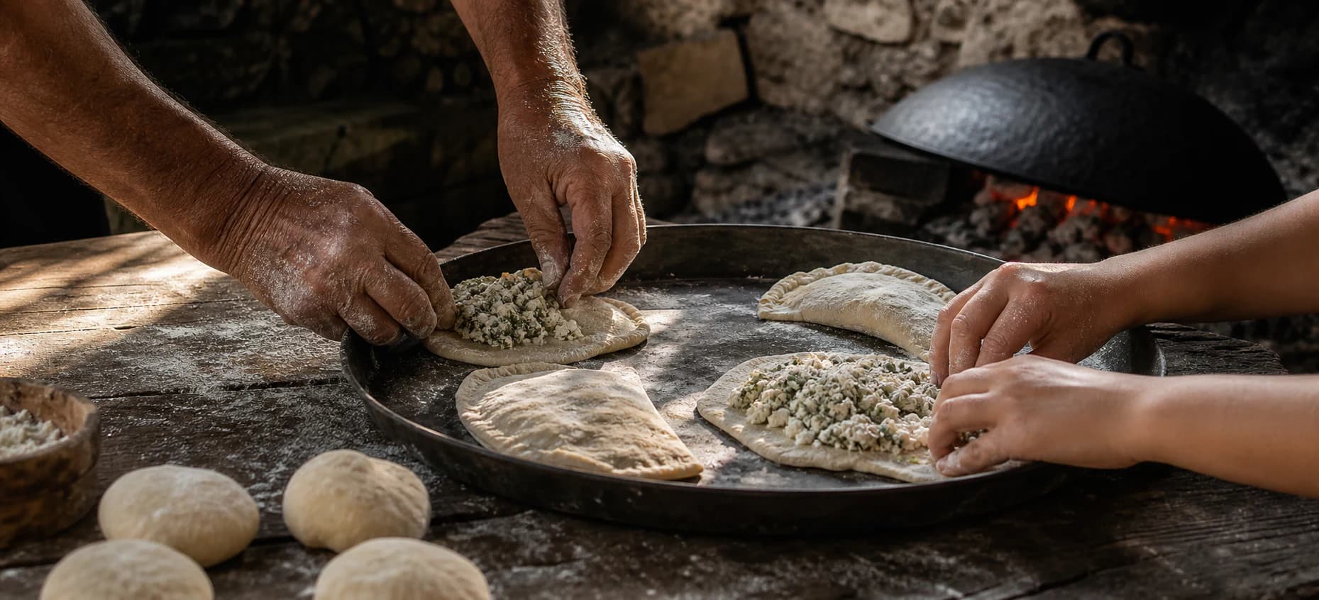 Duar të brezave të ndryshëm duke përgatitur së bashku gatimin pranë vatrës me saç.